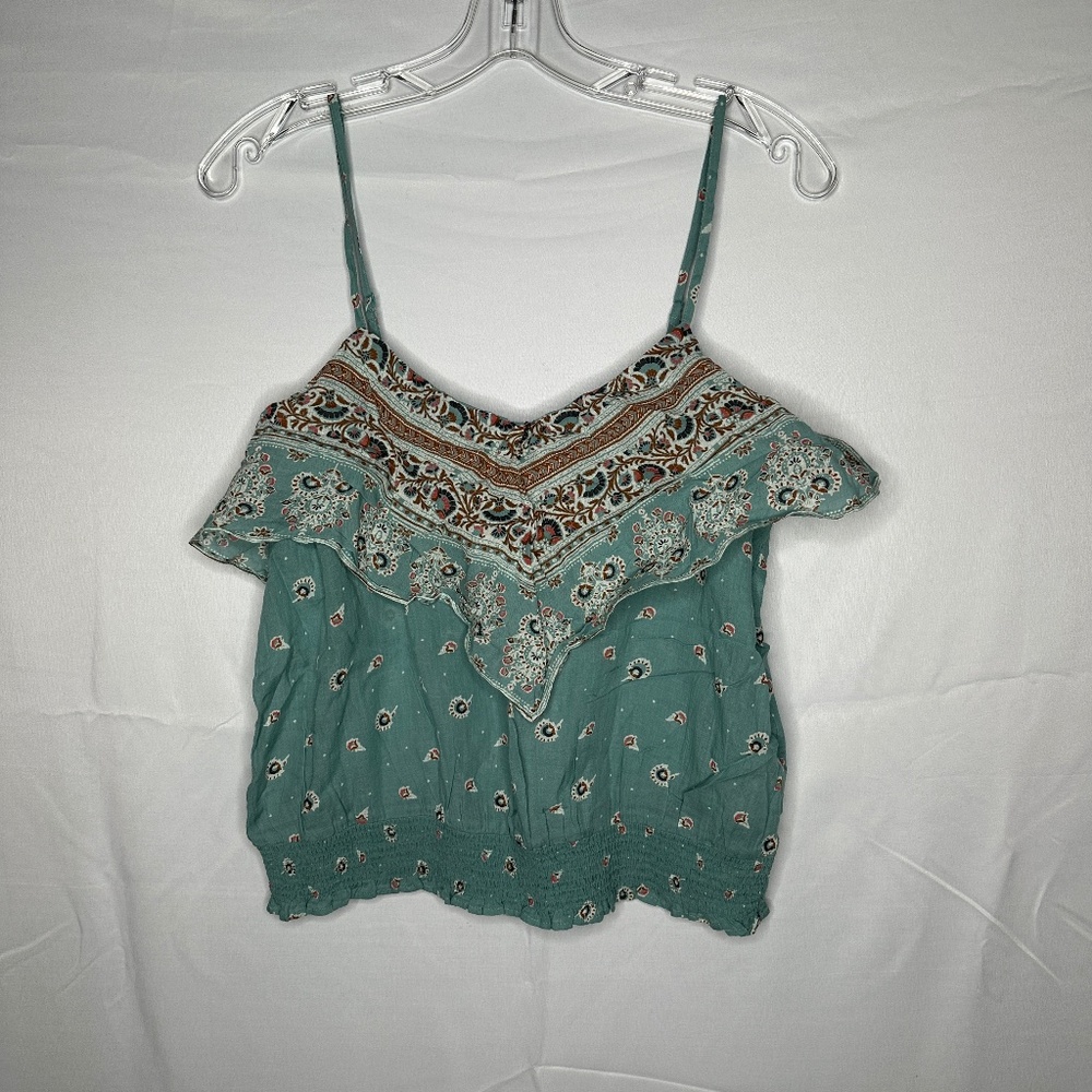 American Eagle Green Paisley Ruffle Tank